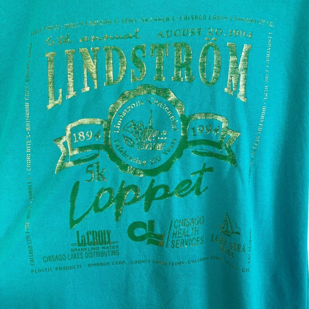 Vintage 90s Lindstrom Loppet 5K Graphic T Shirt XL Mens Green Minnesota USA Made - Picture 3 of 7